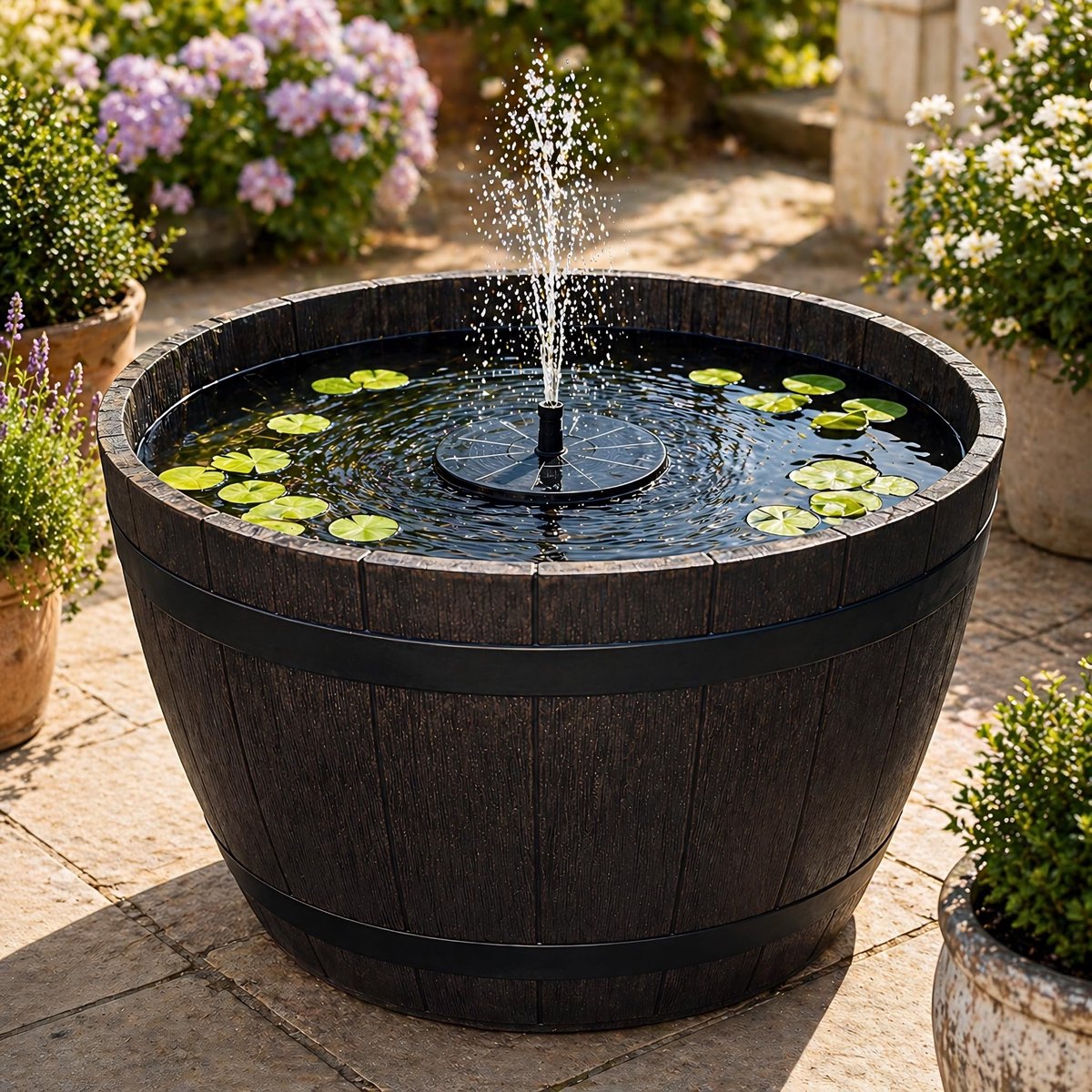 Dailygoods- Tuinfontein op zonne-energie - Waterfontein buiten - Schaal bruin - Houtvat-look - Draadloos - Weerbestendig