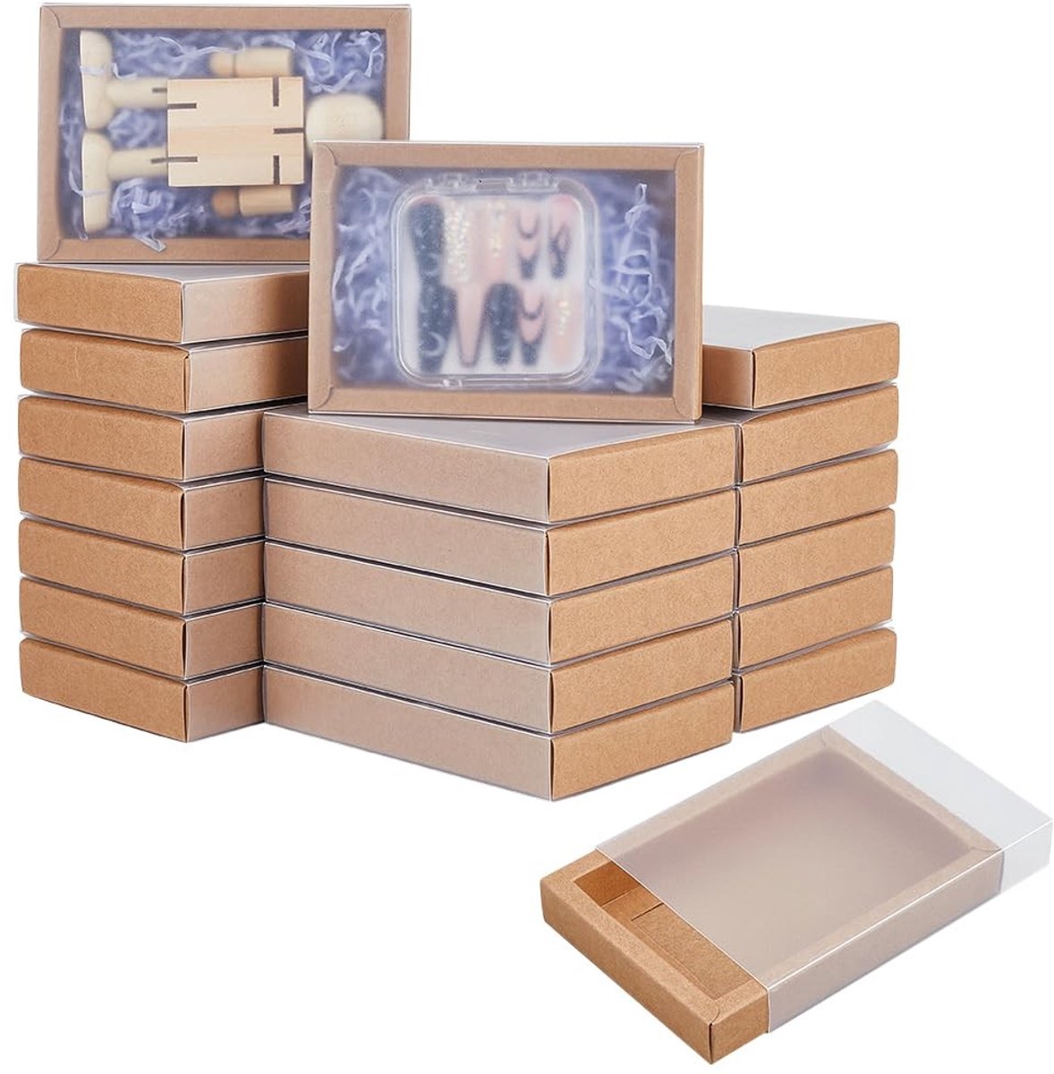 Dailygoods - 30 Set Bruine Kraft Lade Geschenkdozen met Doorschijnend Schuifdeksel - Perfect voor Organisatie en DIY