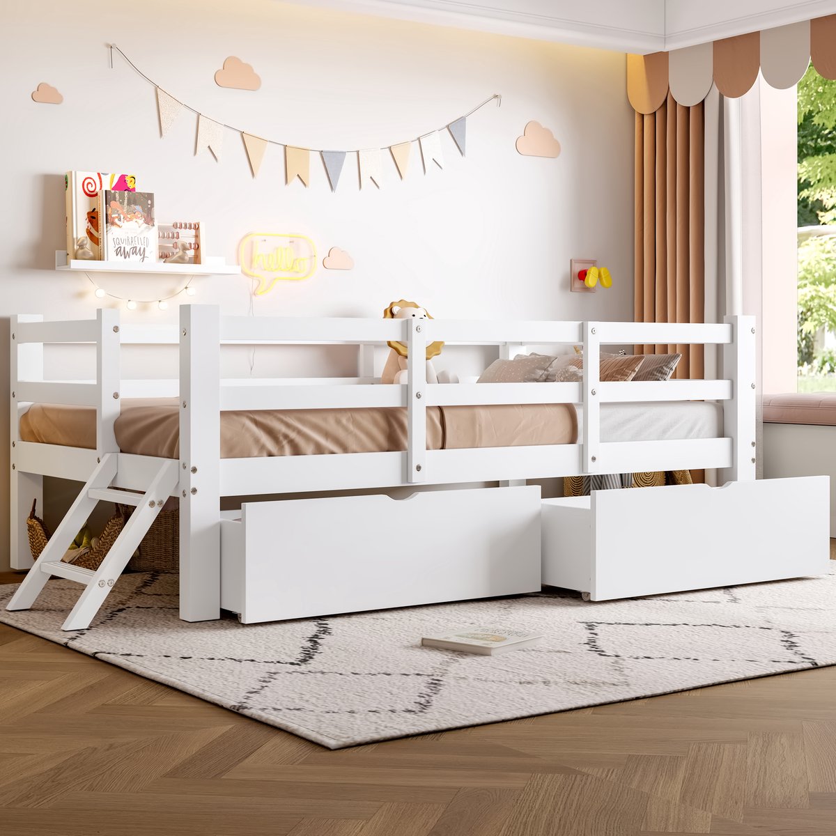 Kinderbed 90x200 cm - Houten Bed Met Veiligheidsrek En 2 Opberglades - Wit