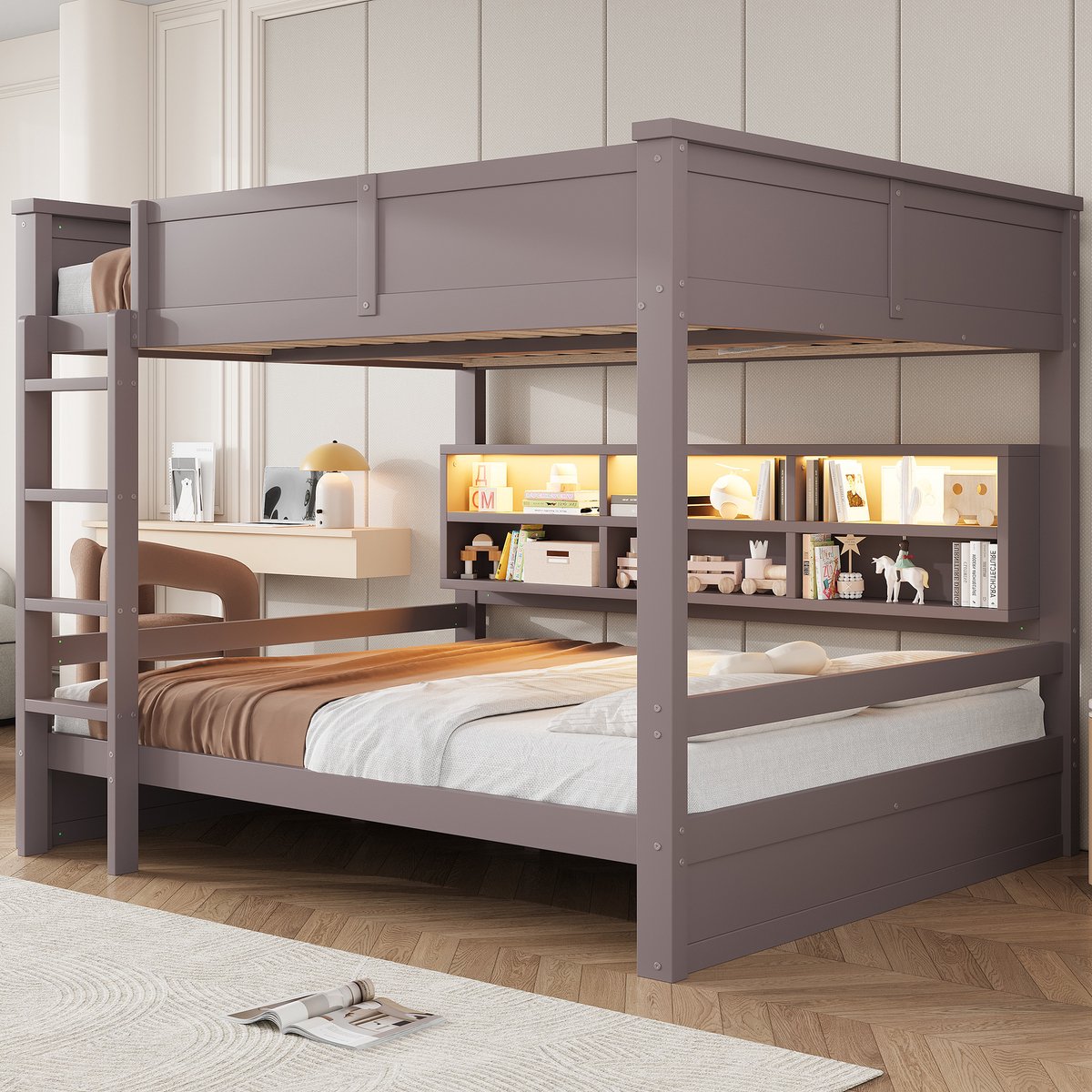 Kinder Stapelbed 160x200 cm - Met Opbergruimte Veiligheidsrand LED Verlichting Bruin
