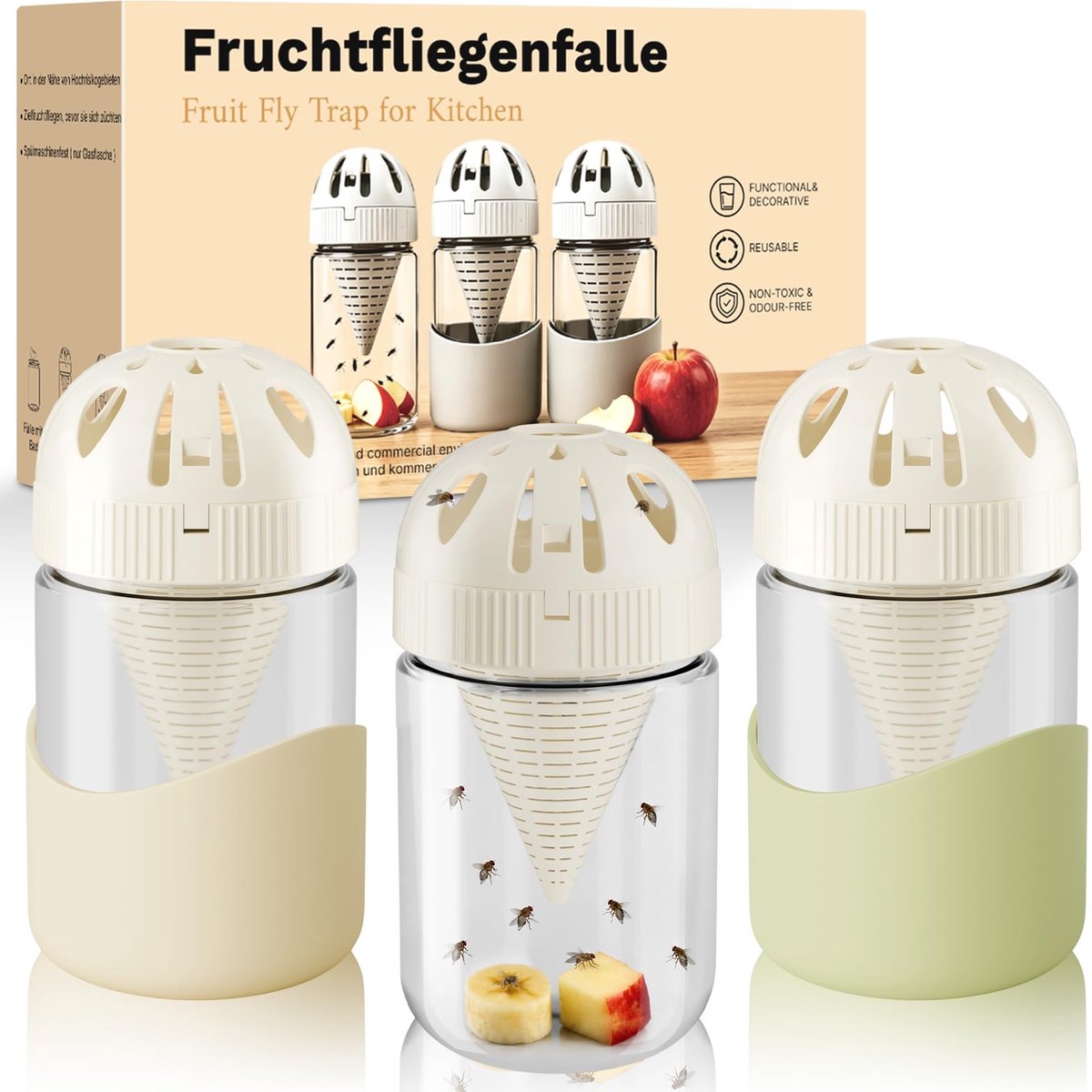 SnelShoppen - 3 Stuks Herbruikbare Fruitvliegenval voor Binnen - Vaatwasmachinebestendige Fruitvliegenval - Effectieve Levende Val voor Vloeiend en Pe