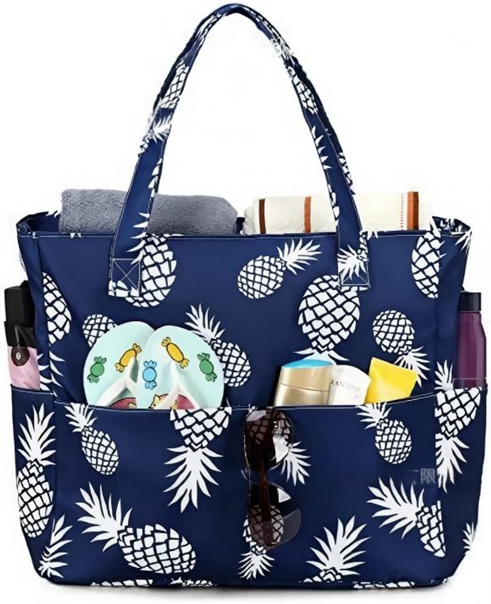 Extra grote strandtas voor dames, extra grote opvouwbare strandtas van mesh met ritssluiting en groot vak, geschikt voor strand, reizen, de sportschool en het zwembad,Witte ananas