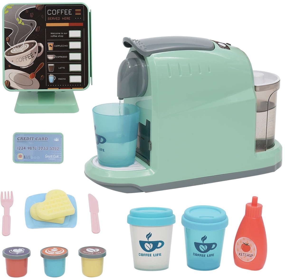 Speelgoed kassamachine en koffiemachine voor kinderen, keukenspeelgoed, koffieset en tafelservies voor jongens en meisjes