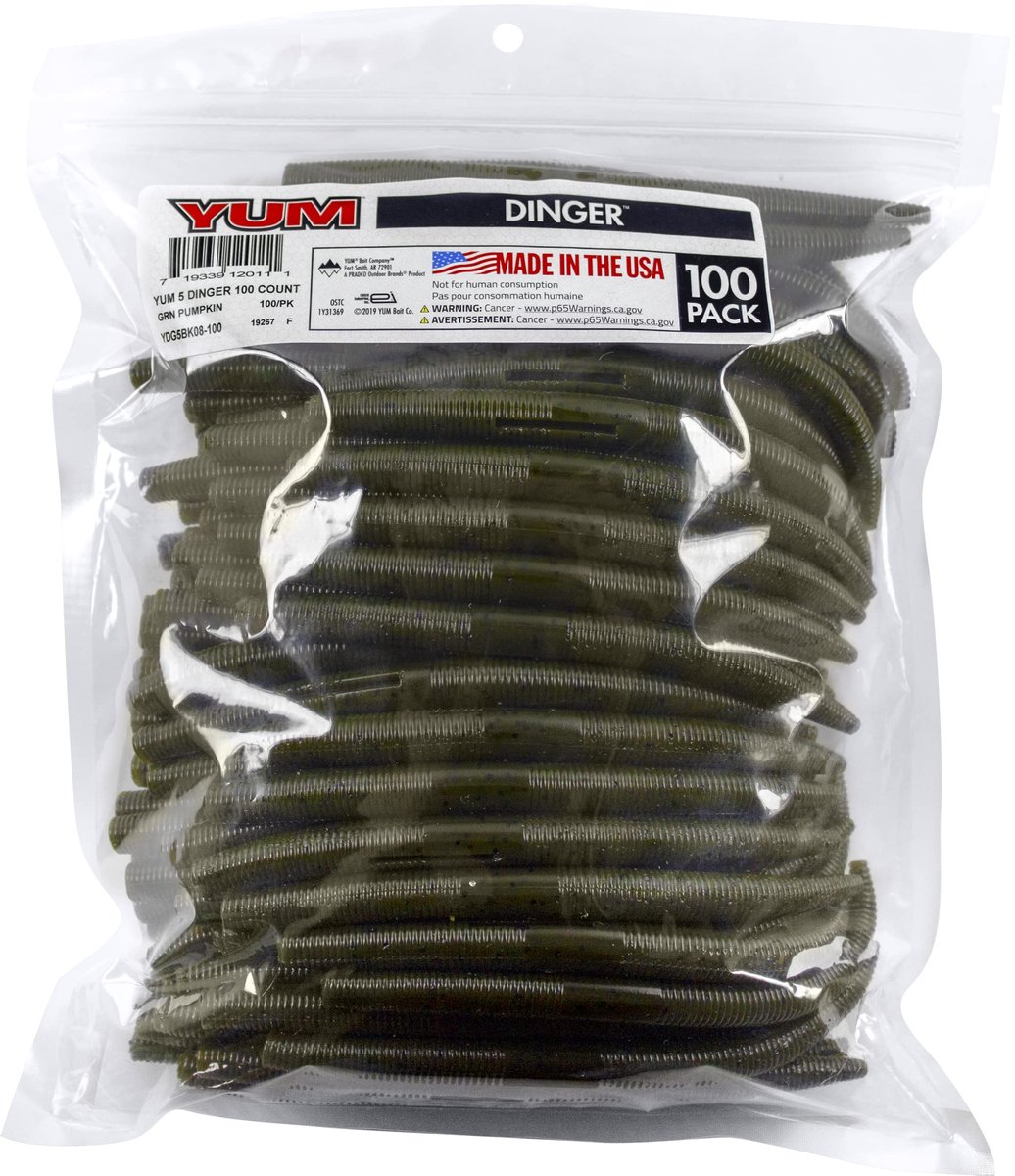 SnelShoppen - YUM Dinger Klassieke Worm Zacht Plastic Bas Vissen Lokken 100 Pack - Groene Pompoen Vlok - 13,2 cm Universeel Kunstaas voor Vissen