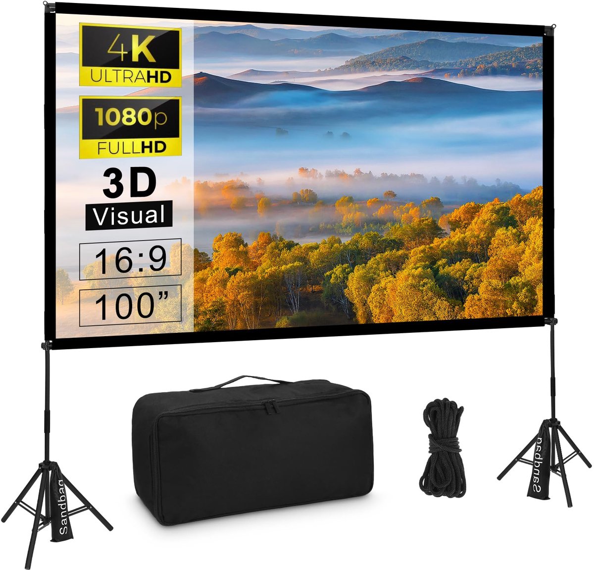 SnelShoppen - Beamerscherm met statief 100 inch - Draagbaar projectiescherm voor buitenbioscoop - Vouwen zonder kreuken - 16:9 HD voor en achter proje