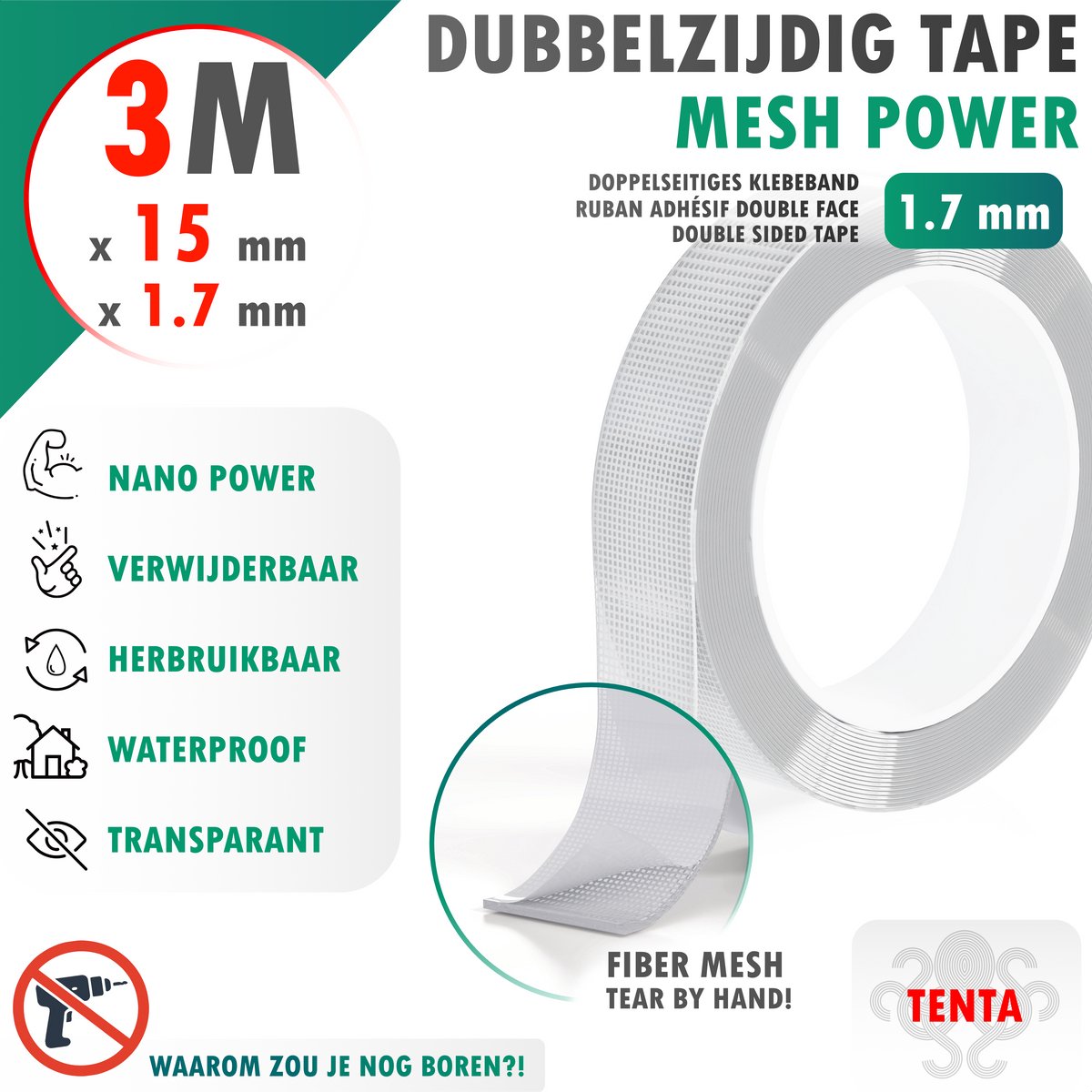 Dubbelzijdig Tape Extra Sterk 3m x 15mm x 1.7mm - TENTA Mesh Power