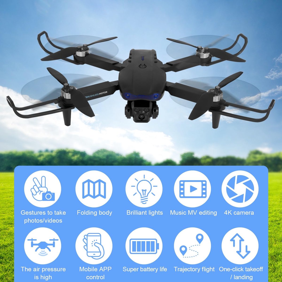 SnelShoppen - Drone met 1080P-camera voor Volwassenen, Borstelloze Motor, Obstakelvermijding, Opvouwbare Minidrone voor Beginners met Propellerbescher