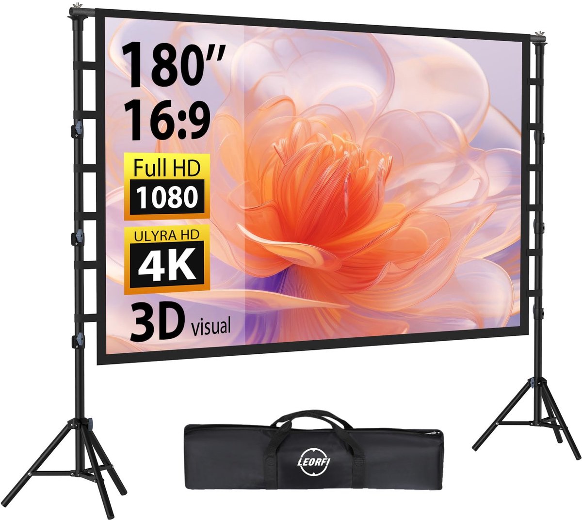 SnelShoppen - Buitenprojectiescherm met Standaard 180 inch Draagbaar voor Binnen en Buiten - 16:9 4K Full HD in Hoogte Verstelbaar - Perfect voor Fees