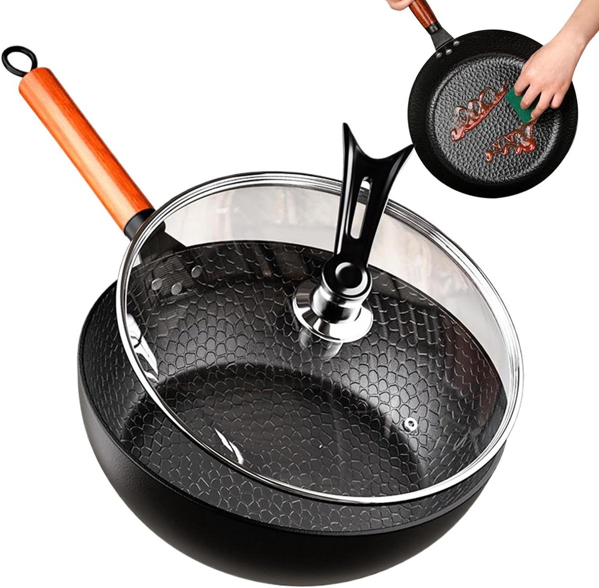 Gietijzeren Koekenpan - Koekenpan met deksel - Veelzijdig koken - Handgemaakt gehamerd ontwerp - 28 cm - Zwart