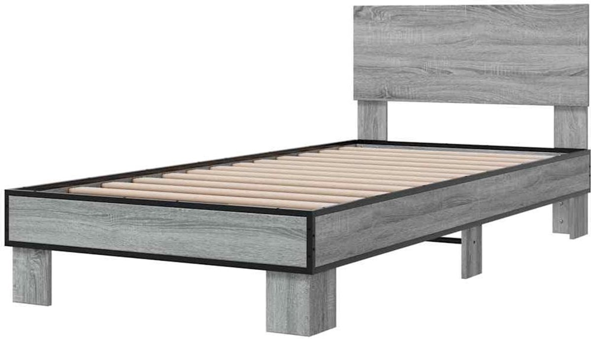 Bedframe Hout Metaal - Enkel Bed Frame - Slaapcomfort Creëren - Met Hoofdbord - 75x190cm - Grijs Sonoma