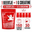 Rode zak met "BEARGYMMIES CREATINE MONOHYDRATE". 5 rode beren snoepjes, flesicoon, schepicoon. "1 BEERtje = 1 G CREATINE".