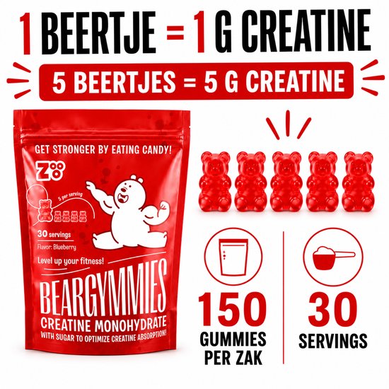 Rode zak met "BEARGYMMIES CREATINE MONOHYDRATE". 5 rode beren snoepjes, flesicoon, schepicoon. "1 BEERtje = 1 G CREATINE".