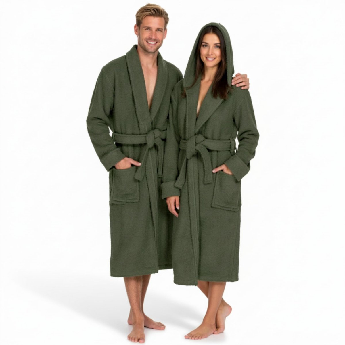 SnelShoppen - Unisex badjas met capuchon, 100% katoen, Oeko-Tex, Amerikaanse badstof 420 g/m², zacht en absorberend, kaki-groen, maat M voor dames en