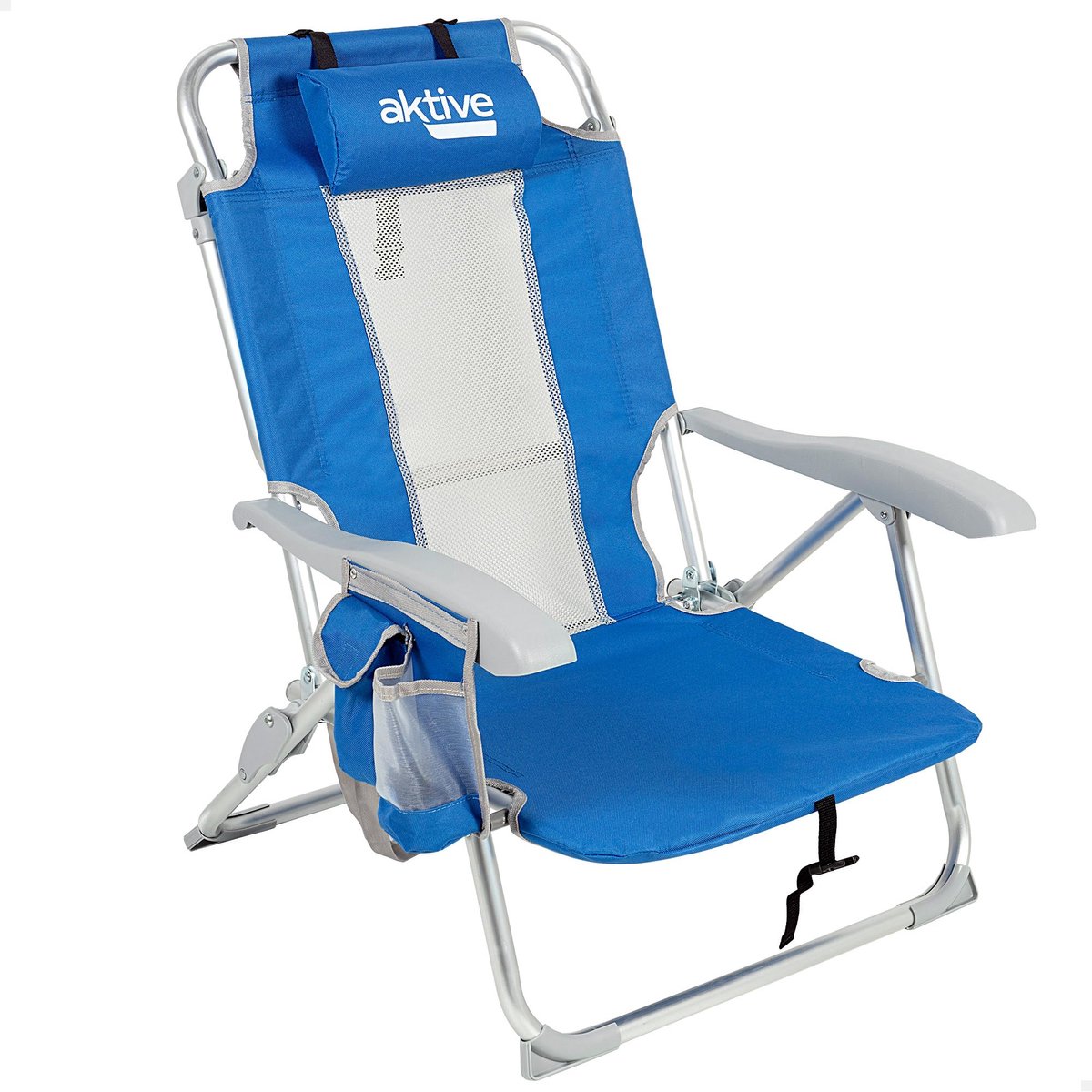 SnelShoppen - Strandstoel en ligstoel 5 posities blauw met kussens en tassen voor camping, tuin en strand - Comfortabel en verstelbaar