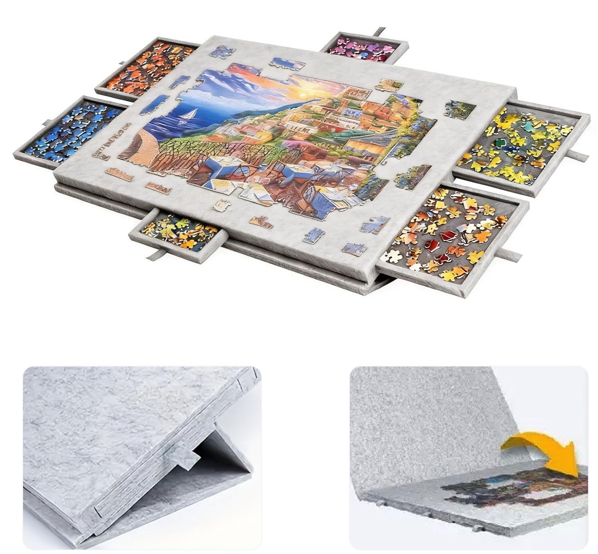 SnelShoppen - Draagbare Puzzeltafel met 6 Laden en Afdekking - Lichtgrijs Puzzelbord voor 1500 Stukjes - Vilten Puzzels Accessoires voor Volwassenen -