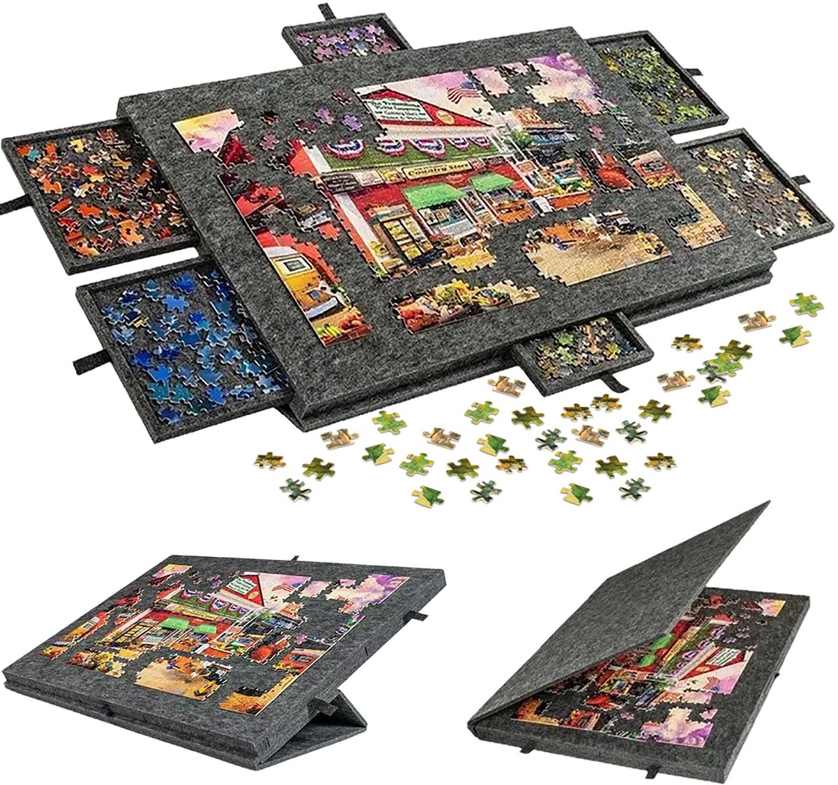 SnelShoppen - Kantelbare Puzzeltafel 1000 Stukjes - Draagbaar Puzzelbord met 6 Laden, Lichte Vilten Tafel met 2-in-1 Standaard en Afdekking - Zwart