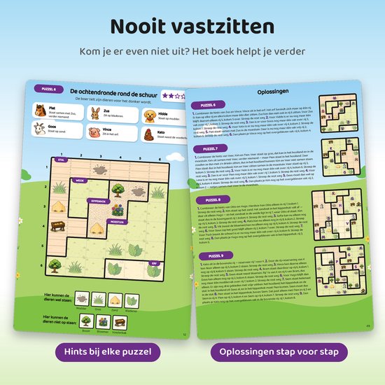 Pagina uit Sudohint, met puzzel 6 en 7, en uitleg over het oplossen van puzzels. Thema boerderij.