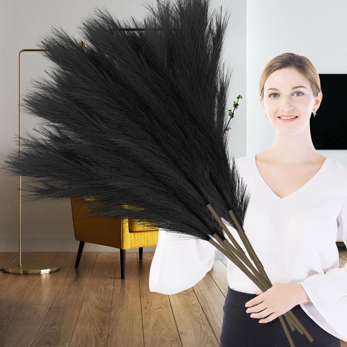 SnelShoppen - Kunstmatig Pampasgras Boeket 7 Stuks 100 cm XXL Droogbloemen Boho Decoratie voor Bruiloft, Woonkamer, Slaapkamer (Zwart)