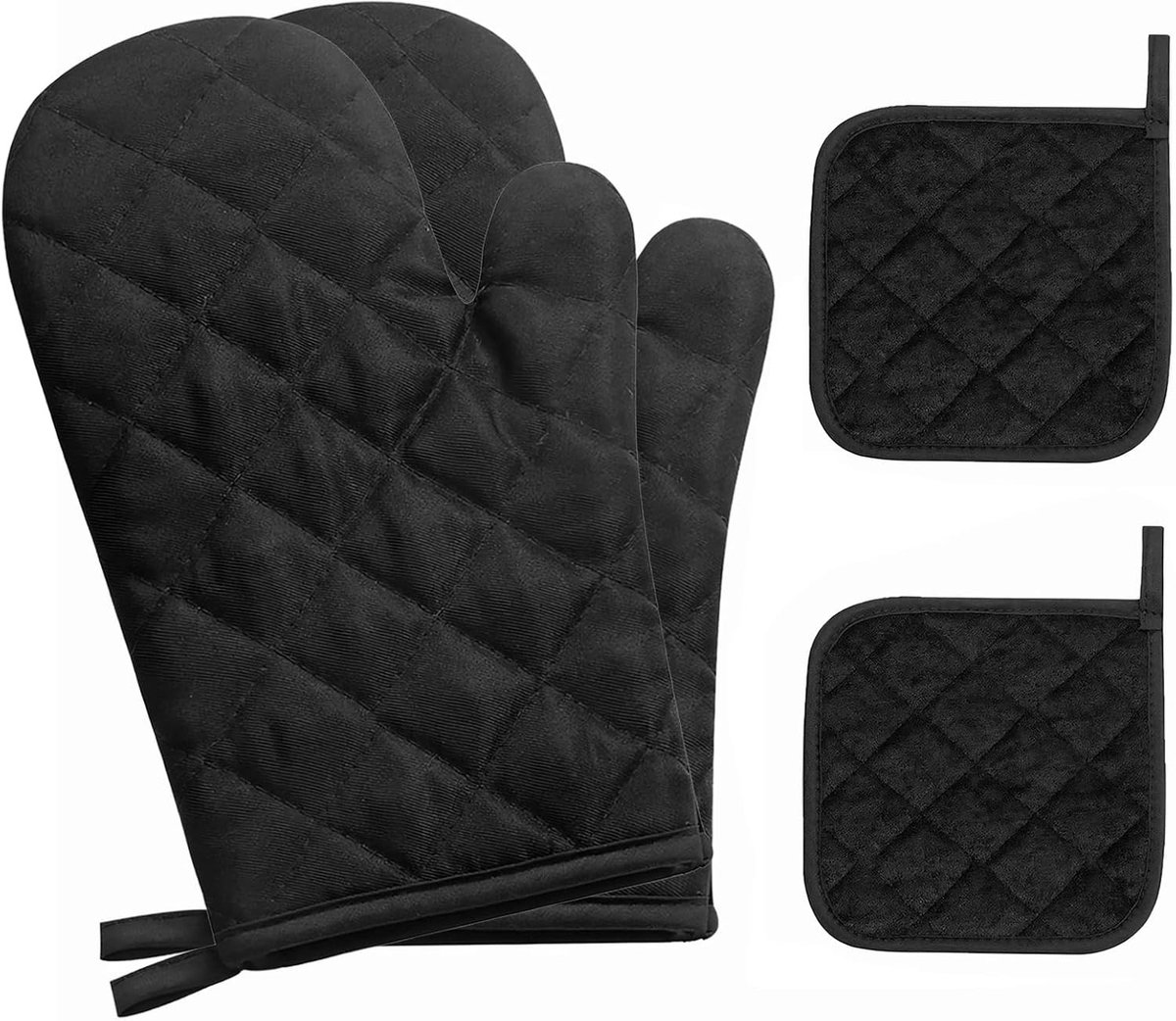 Set van 4 antislip ovenhandschoenen en pannenlappen, hittebestendig tot 250 °C, ideaal voor koken, bakken en grillen in de keuken
