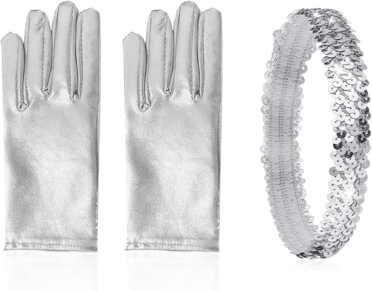 Zilveren Pailletten Handschoenen met Bijpassende Hoofdband voor Feesten, Optredens en Themafestivals - Retro Disco Stijl en Glanzend Ontwerp