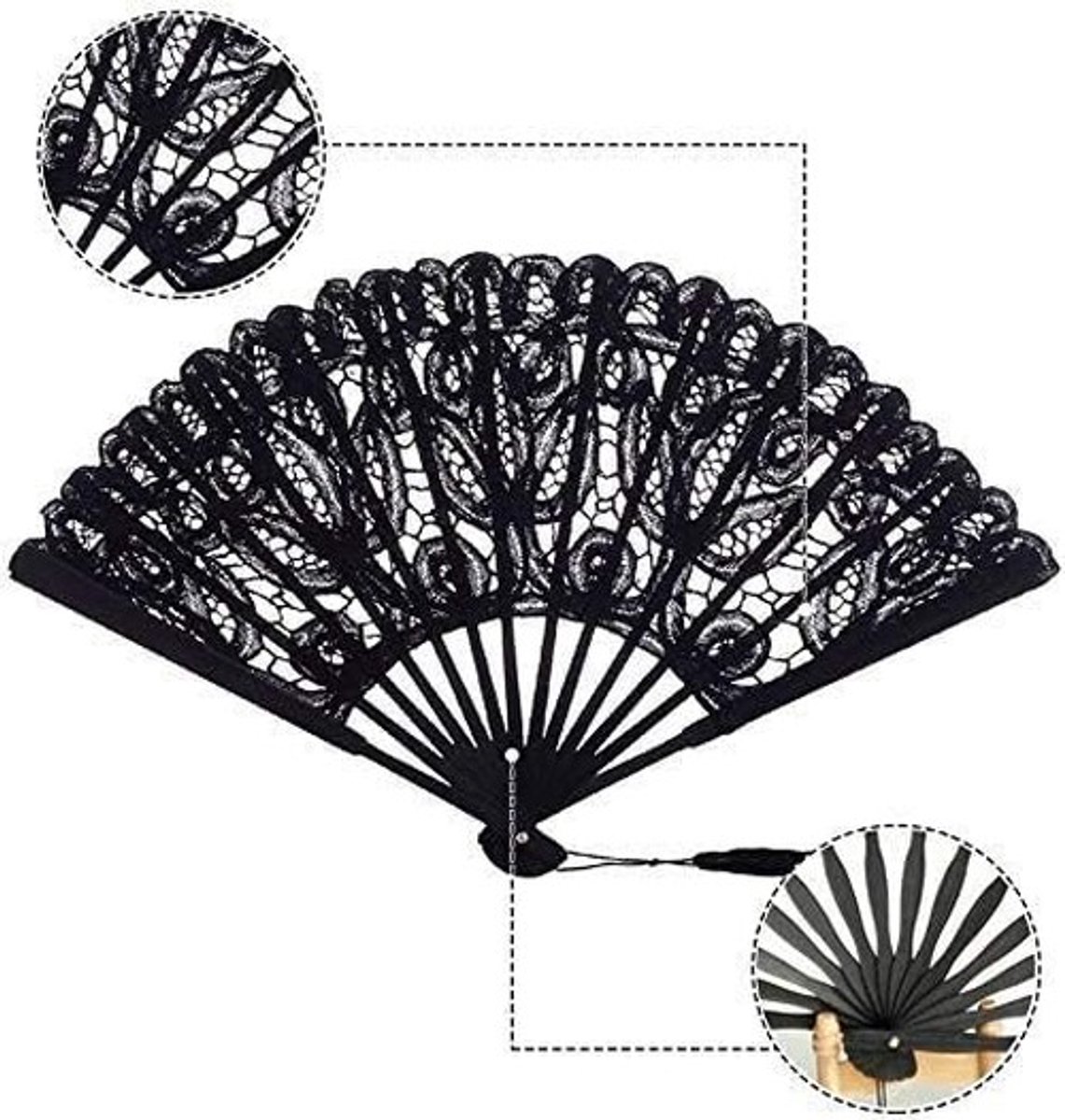 Vouwbare Handventilator van Kant - Vintage Design - Zwart