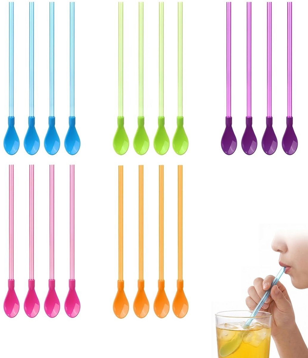 Rietjes met lepel - 20 stuks kunststof in 5 kleuren
