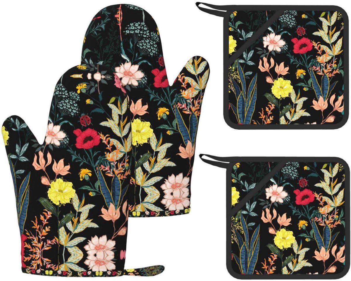 Pot Houders en Kookhandschoenen Set - Kleurrijke Boho Bloemen - 4 Stuks