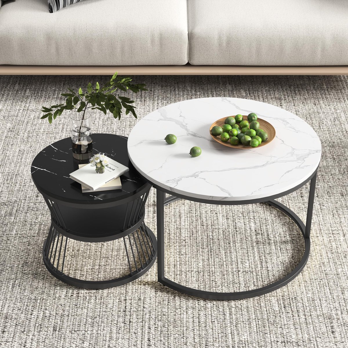 Set van 2 Ronde Koffietafels - Stalen frame met witte marmeren top - 70x70x45.5 cm en 45x45x40 cm