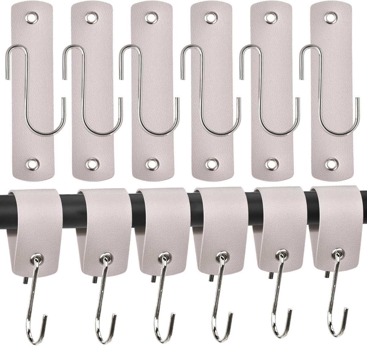S-haken met leren lus - Set van 12 Stuks Grijs