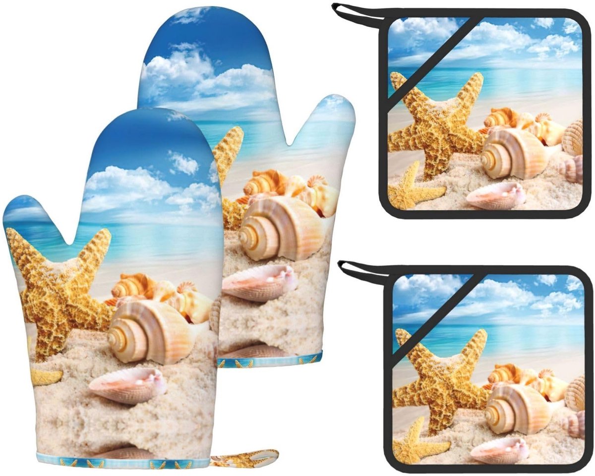 Strand Keukenset met Zeesterprint - Hittebestendige Handschoenen en Pannenlappen