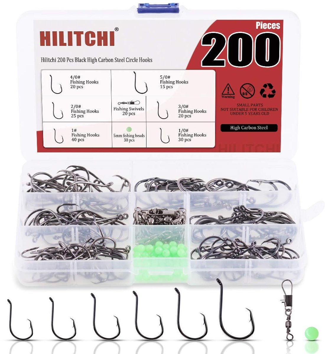 200 Stuks Zwarte Carbon Staal Cirkel Haken - Met Luminous Beads en Swivels
