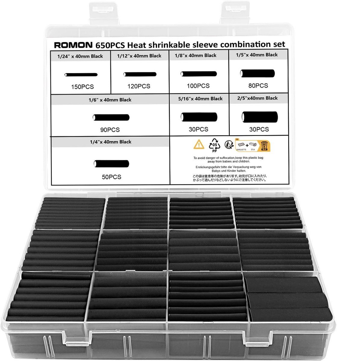 Heat Shrink Tubing Set - 650 Stuks - 8 Maten Zwart