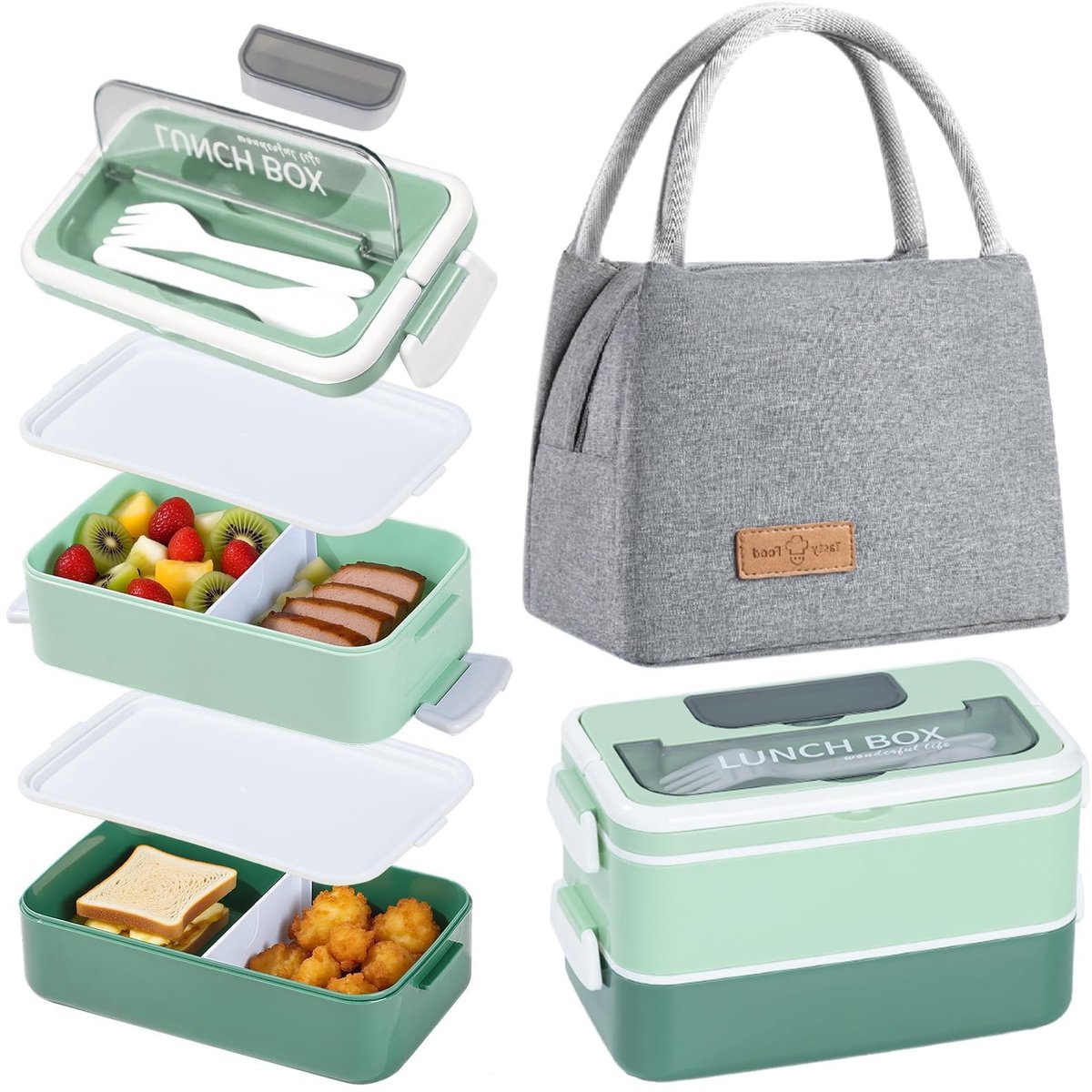 Lunchbox met 2 compartimenten - 1600ML met bestek en koeltas