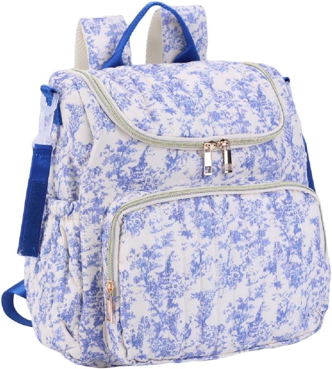 Luierrugzak voor dames - Ruim en met kinderwagenbevestiging - Blauw-wit met bloemen
