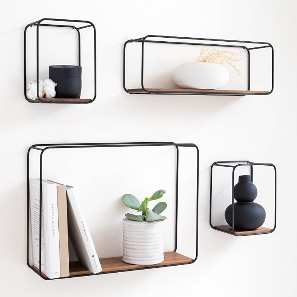 Wandplanken Smart 4-delig - Zwevende boekenplanken met wit metalen frame en houtfineer - Minimalistisch design voor woonkamer, slaapkamer, keuken en badkamer