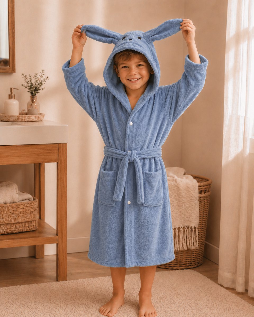 Kinderbadjas | Blauw | 3 - 8 jaar | Met drukknopen | Konijn | Badjas | Polyester | Kind