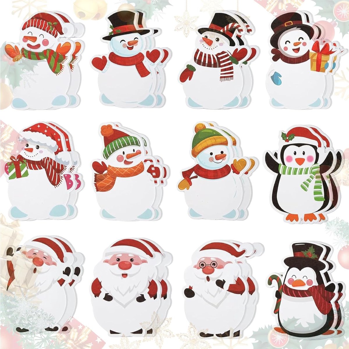 Set van 24 Zelfklevende Notitieblokken voor Kerstmis, 11 x 8 cm, Sticky Notitiepapier met Kerstpatronen, Perfect voor Santa Claus, Pinguïn en Sneeuwman