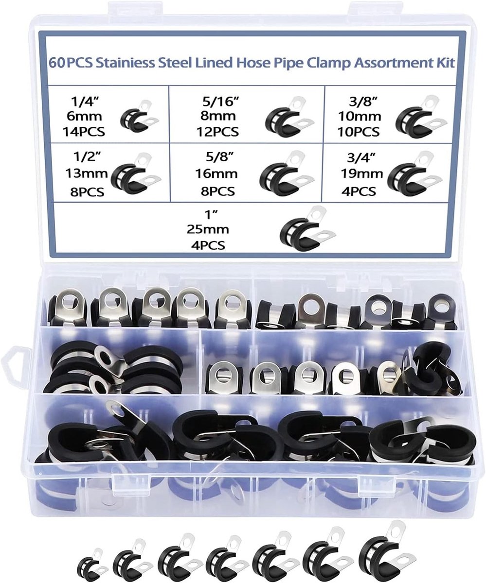 Set van 60 RVS Slangklemmen met Rubber Inleg, Diverse Maten 6-25 mm, Ideaal voor Slangen, Kabels en Pijpen