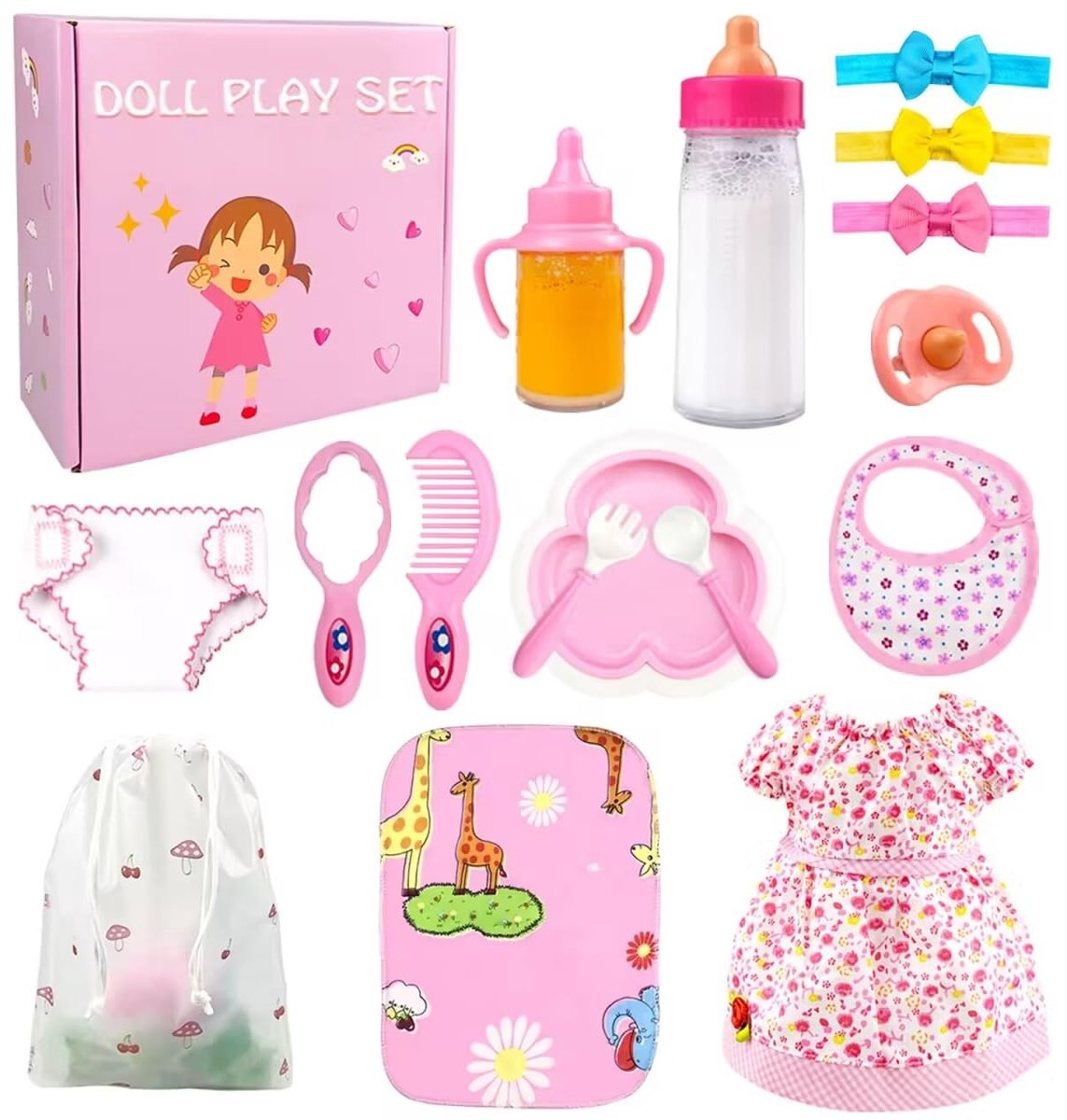 Poppenaccessoires - Voedings- en verzorgende set met flessen en aankleedkussen