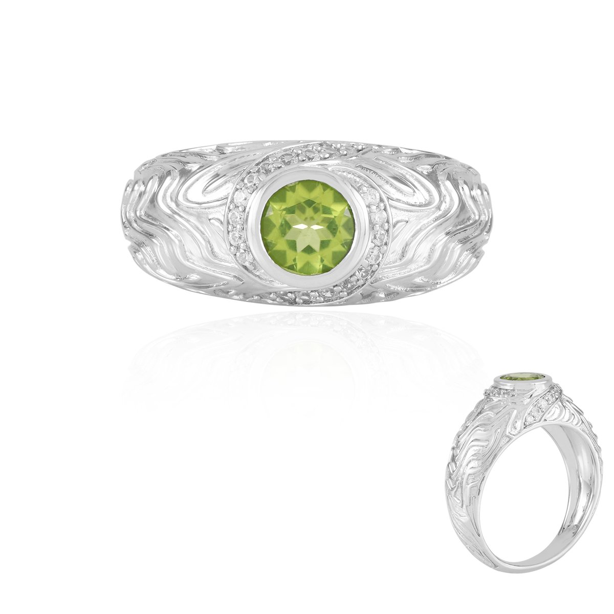 Cavill - Zilveren Damesring met Peridoot 0,78 ct & Zirkonia Pavé 0,18 ct - 925 Sterling Zilver, Ronde Edelsteen, Elegante Bezel Zetting