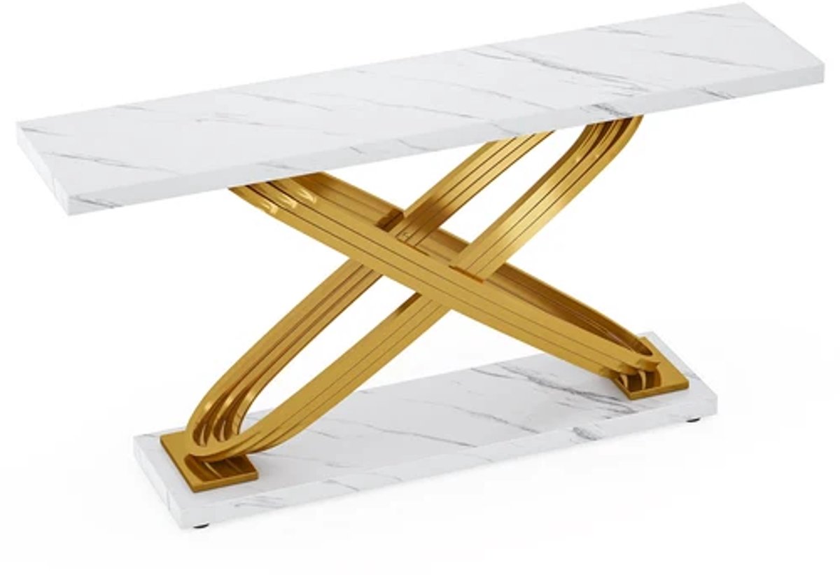 DMG Supply Consoletafel - Marmerlook Blad - Goudkleurig X-frame - 140 x 35 x 80 cm - Wit/Goud