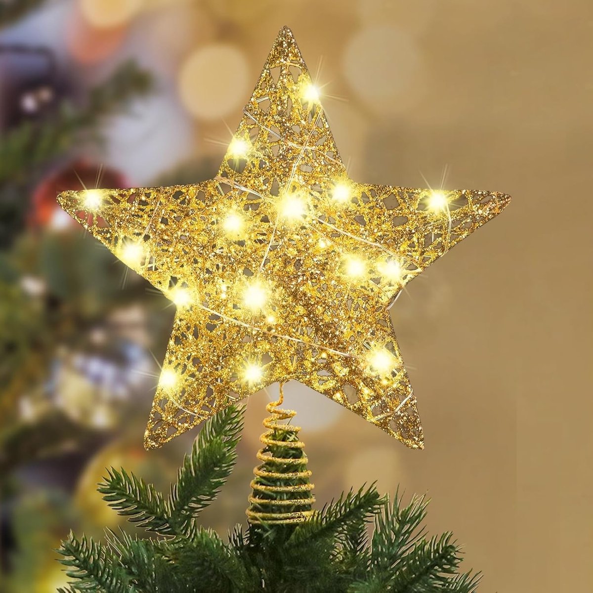Gouden Ster voor de Top van de Kerstboom, LED Verlichting, Decoratie voor Kerstmis en Feestdagen