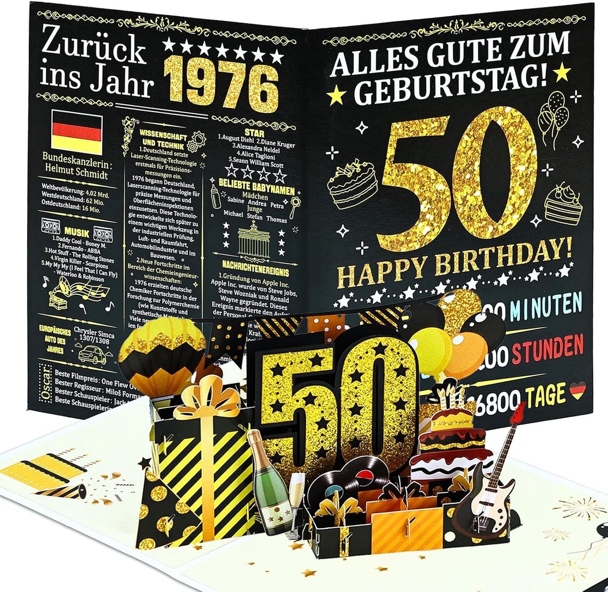 50ste Verjaardagskaart, 1976 Jubileum Kaart, 3D Pop-Up Groetkaart met Envelop, Vintage Cadeau voor Echtgenoot en Echtgenote
