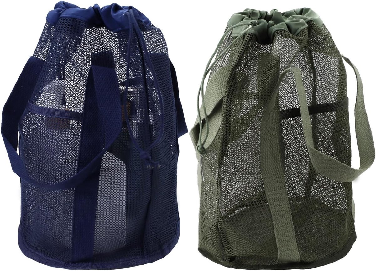 2 Stuks Draagbare Hangende Douche Caddy - Zandbestendige Mesh Strandtas met Trekkoord en 2 Vakken voor Kamperen, Reizen en Sportactiviteiten voor Mannen en Vrouwen