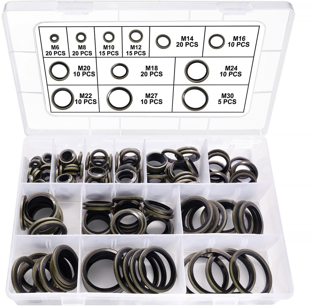 100 Stuks Olie Ringen Set met 6 Maten M6/M8/M10/M12/M14/M16, Inclusief Sealing Ringen voor Centrale Hydraulica en Stuurbekrachtiging