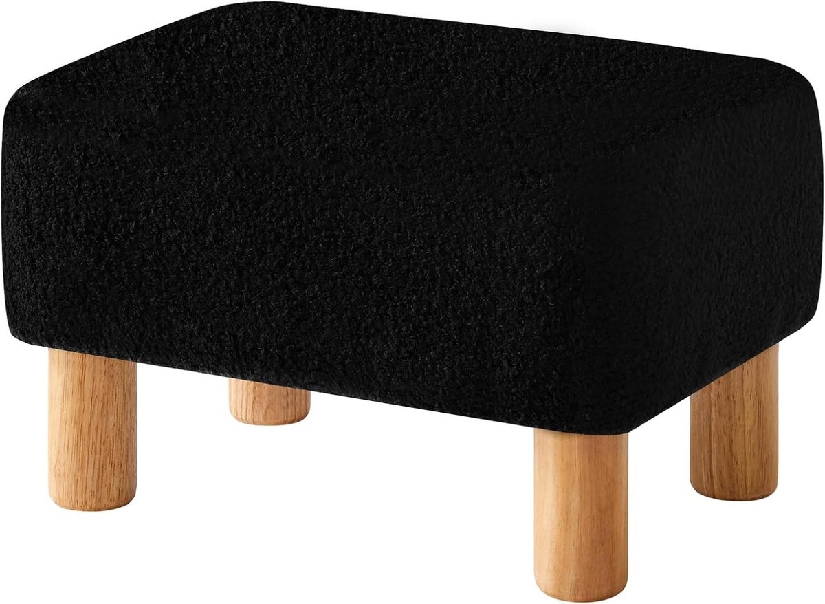 Rectangulaire Poef met Houten Poten, Modern Zacht Gevoerd Zitmeubel voor Woonkamer en Slaapkamer, Ideaal als Schoenenbank, 40×29×25cm Zwart