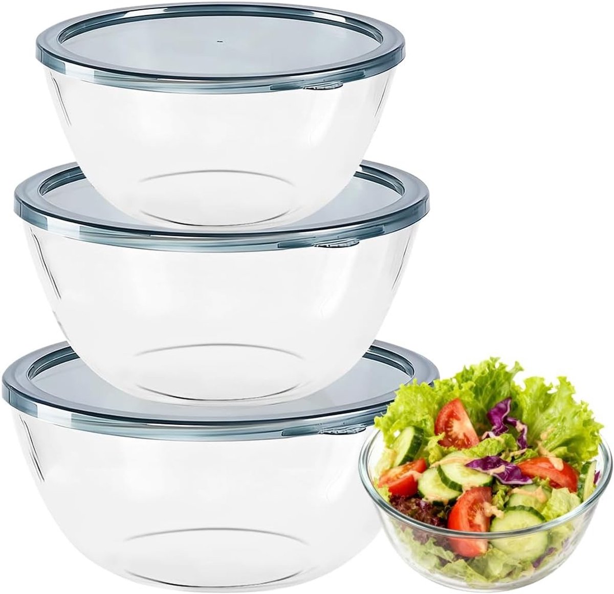 Ronde glazen mengkom met deksel - 3-delige set voor salades, koken en bakken (1050 ml, 2700 ml, 4000 ml) - BPA-vrij en ideaal voor de keuken