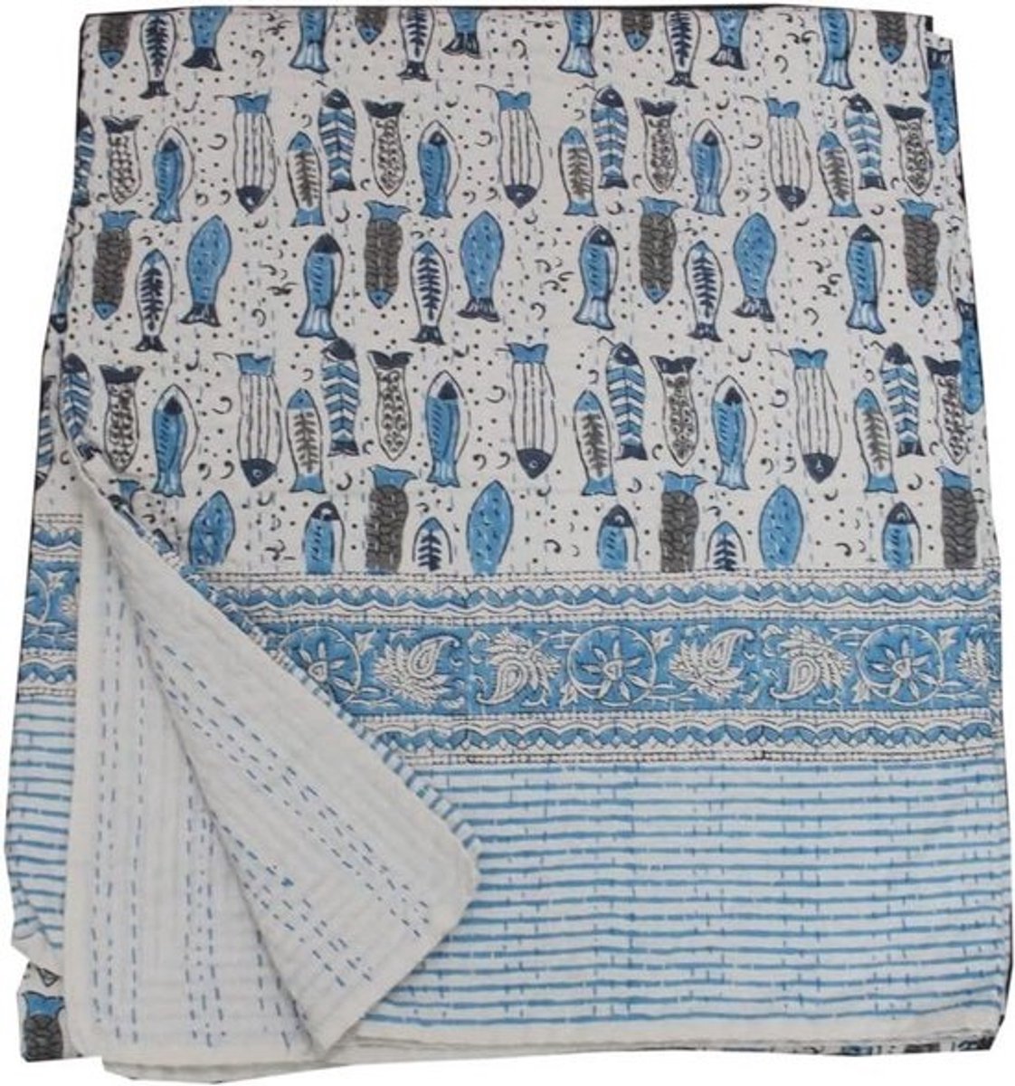 Kantha Quilt - Patchwork Deken Sprei - Beddengoed Decoratie - Handgemaakte Visprint - 228 x 274 cm - Turquoise