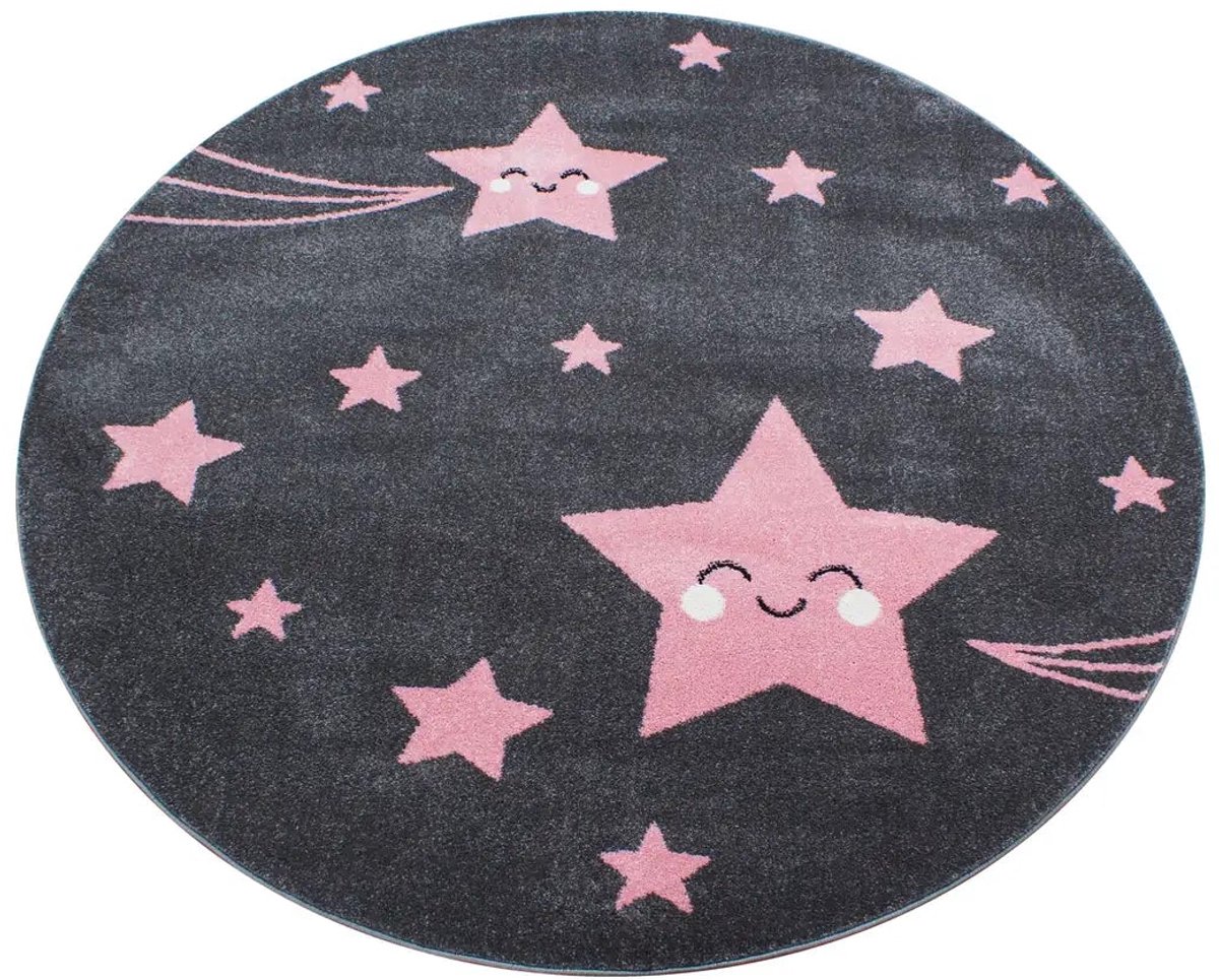 Dutch XXL Rond Kindervloerkleed | Tapijt | Kids | Sterren | Roze | 160x160 cm