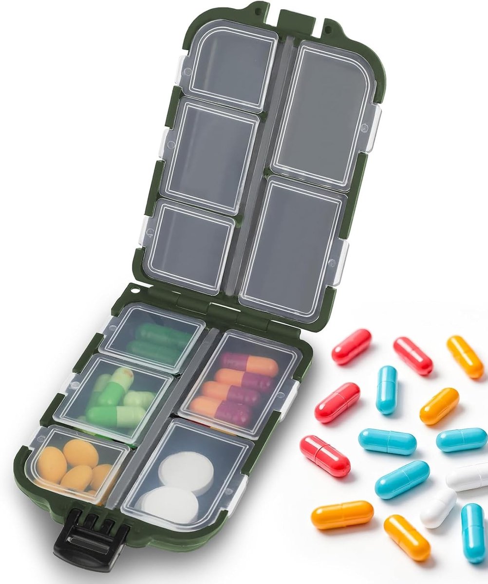 Pillendoos met 10 vakken voor 7 dagen, compacte reisorganizer voor medicijnen en vitamines, 9,5 x 6,5 x 3 cm, handig en draagbaar